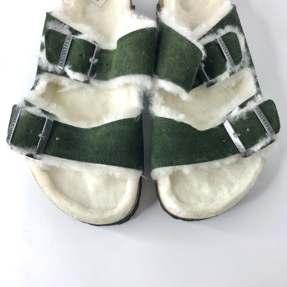 NIB Birkenstock Arizona Suede Shearling Fur Mountain View Green Sandals Shoes - Picture 5 of 11